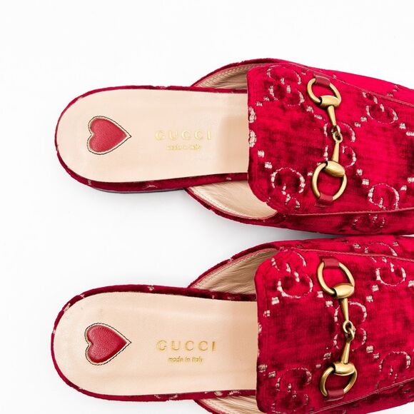 Gucci Princetown Mules Velvet Red GG Horsebit Slipper Size 37.5, 7.5 - Picture 9 of 14